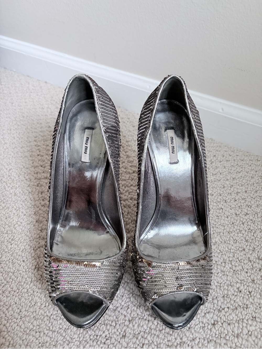 Miu Miu Silver Sequin Peep-Toe Platform Pumps EU 37